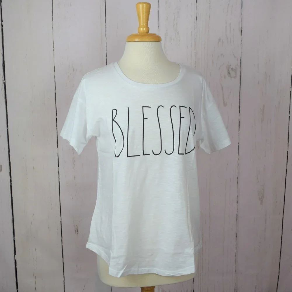 Rae Dunn "Blessed" White T-Shirt Graphic Tee Cotton Women's XS NWT - Picture 3 of 6